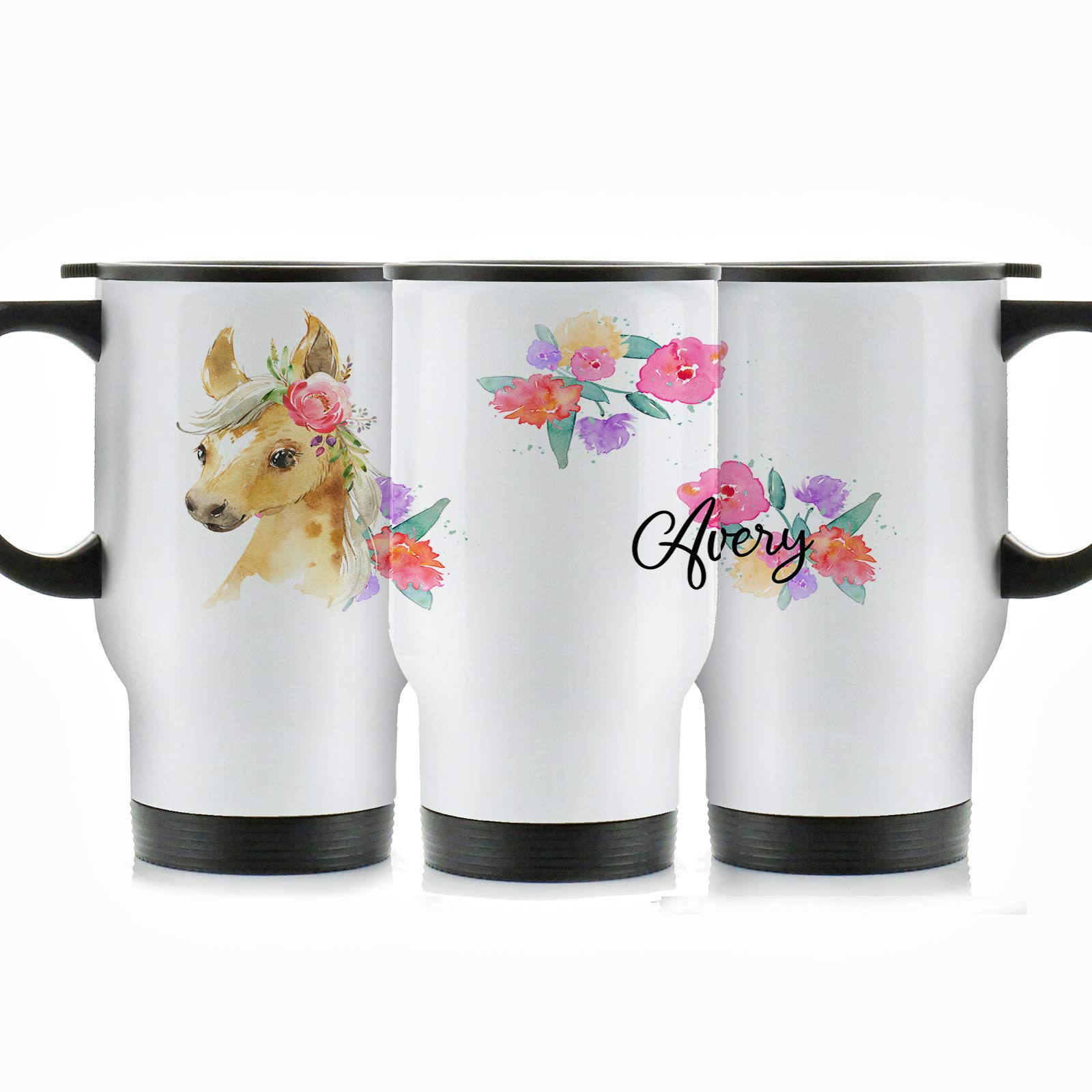 Hairyworm Personalised Travel Mug, 400ml White Stainless Steel Travel Mug with Handle, Customised with Initial/Name, Palomino Horse Multicolour Flower Print Design Print