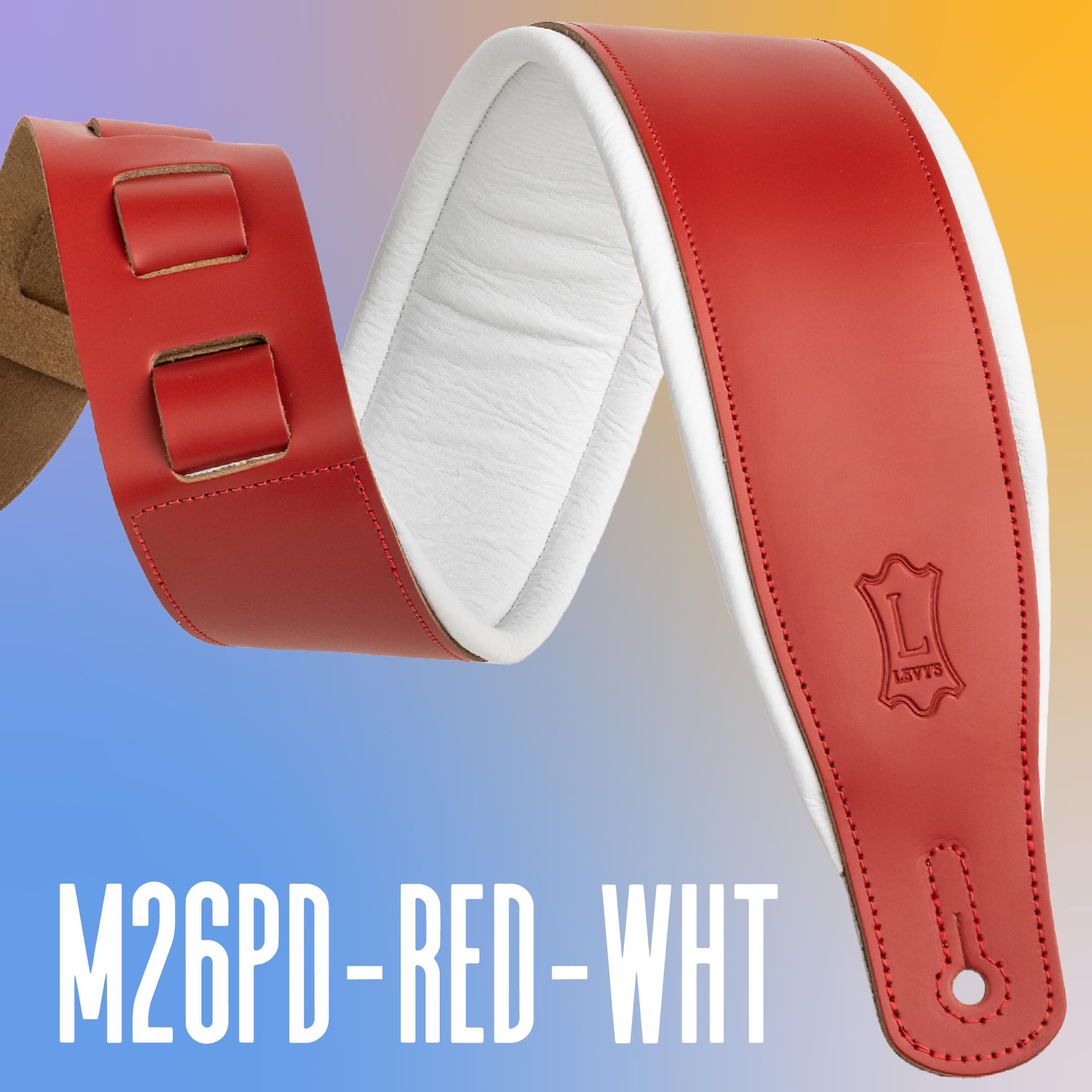 Levy's Leathers skórzany pasek do gitary, czerwony i biały (M26PD-RED-WHT)