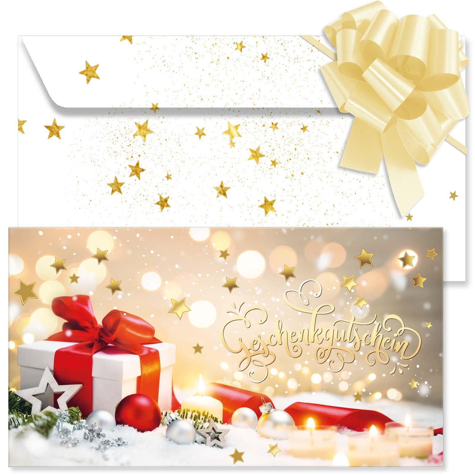 GESCHENKGUTSCHEINcom - 50 Formulare zum Erstellen eigener Gutscheine mit Kuvert/Schleife für Weihnachten. Weihnachtsgutscheine X120042-50-V2