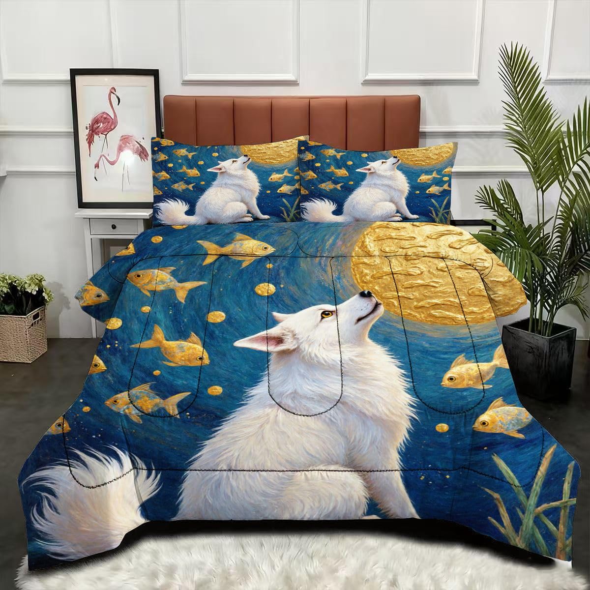 Couette 220x240 Poisson Loup Réversible au Design Moderne Bleu