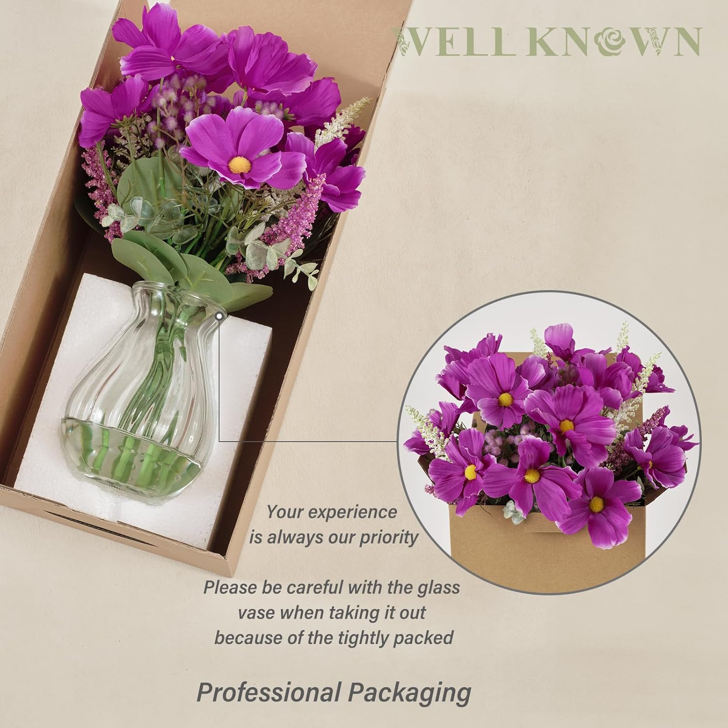 WELL KNOWN Artificial Flowers Daisies with Vase, Fake Silk Flowers in Vase with Fake Water, Fake Eucalyptus Plant Decor for Home Office Bathroom Farmhouse Kitchen Dining Table Decor (Purple)