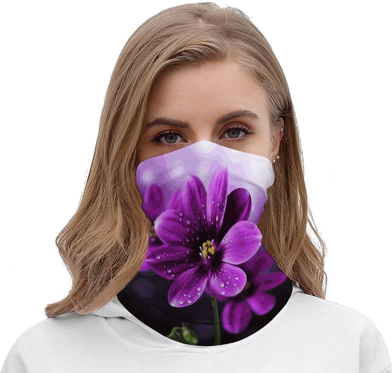 Multi-Use Double Sided Purple Flower Print Neck Gaiter Face Cover Scarf, Breathable Cooling UV Sun Protection Face Mask, Soft Bandana Head Wrap Headwear for Men Women Outdoor