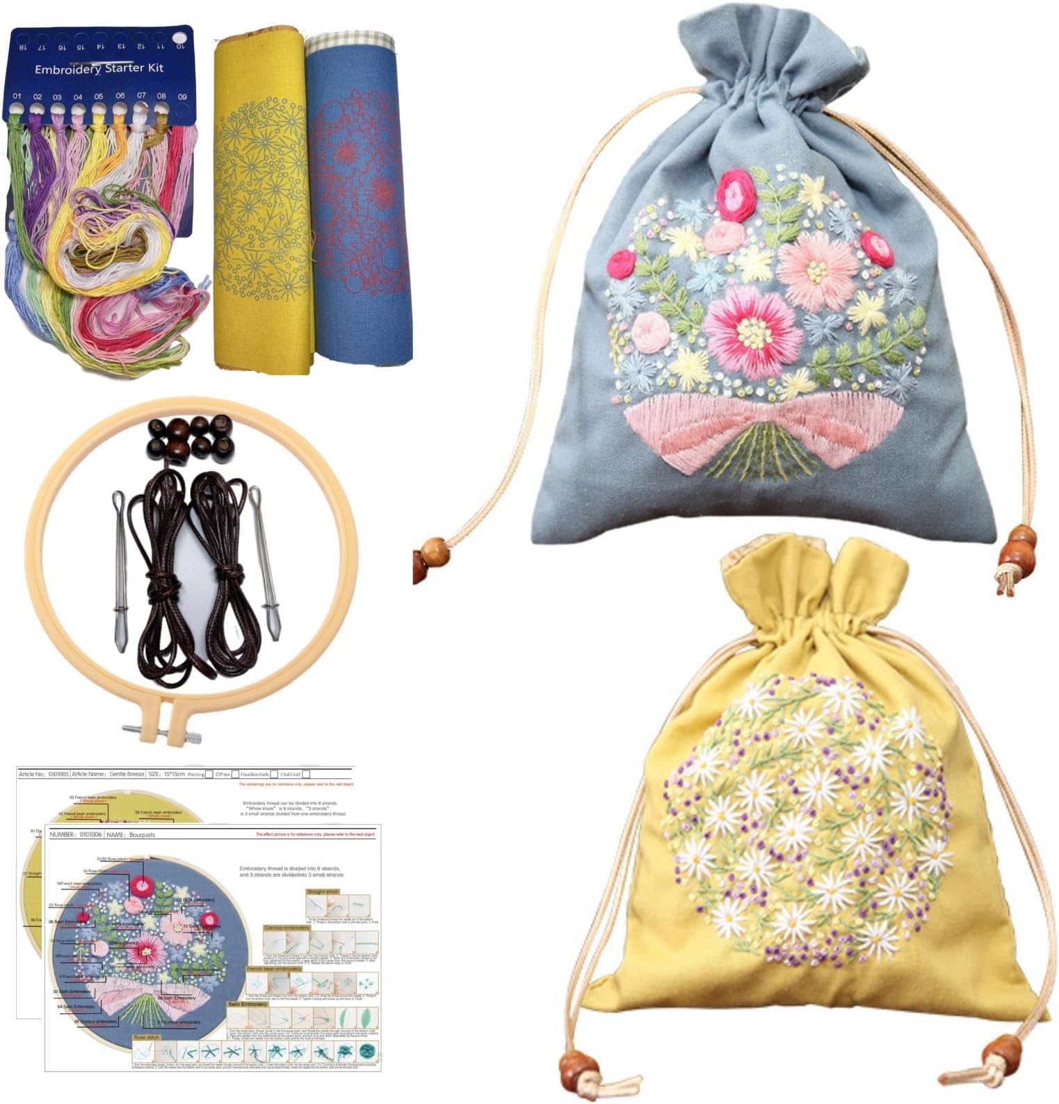 Smart-Feather 2 Pack Embroidery Drawstring Bag Kits with Patterns, Needlepoint Sewing Handbag Kit for Beginners, Embroidery Start Kit with Hoop (C)