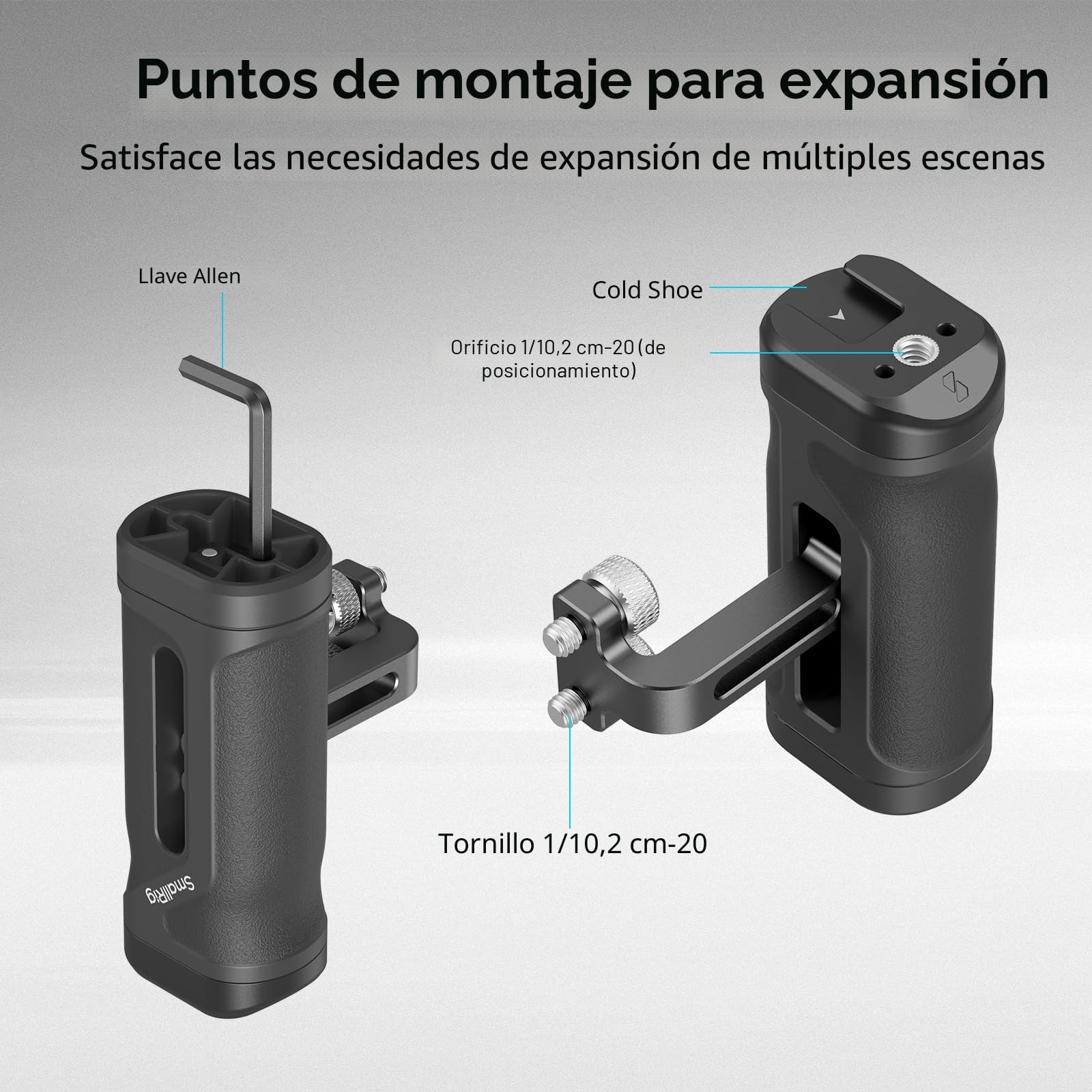 SMALLRIG Mini Manija Lateral para Orificios Roscados de 1/4"-20, Manija Portátil para Cámara para Mano Izquierda o Derecha, Cámara con Zapata Fría Incorporada y Orificio Roscado - 4755