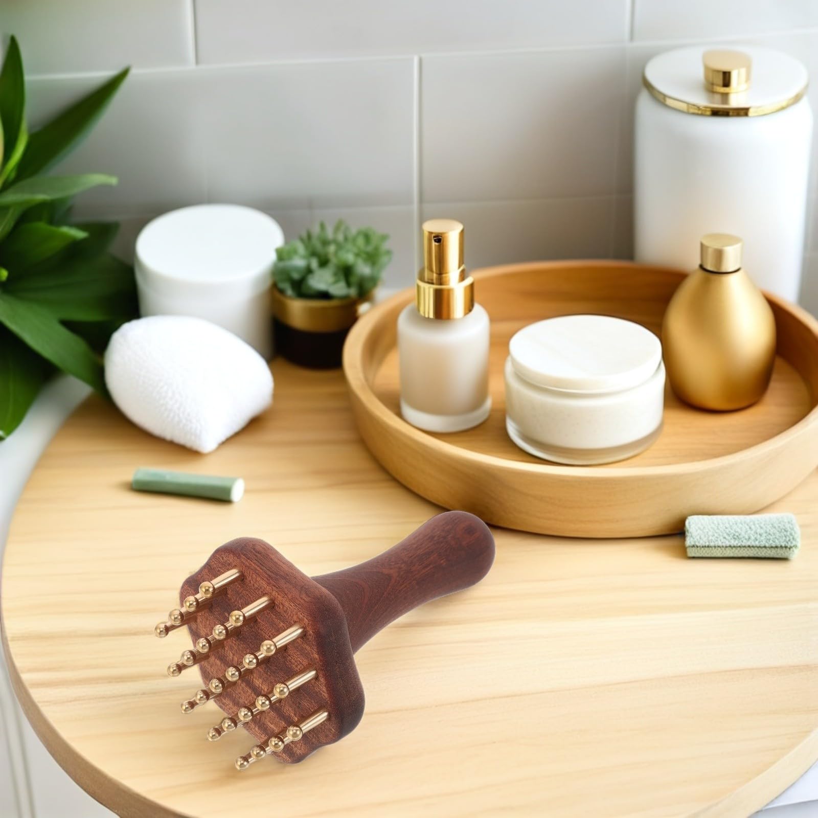 Kisangel Peine masajeador ergonómico de madera y latón con 24 dientes para cuidado corporal y capilar, ideal para spa en casa, pack de 2 unidades