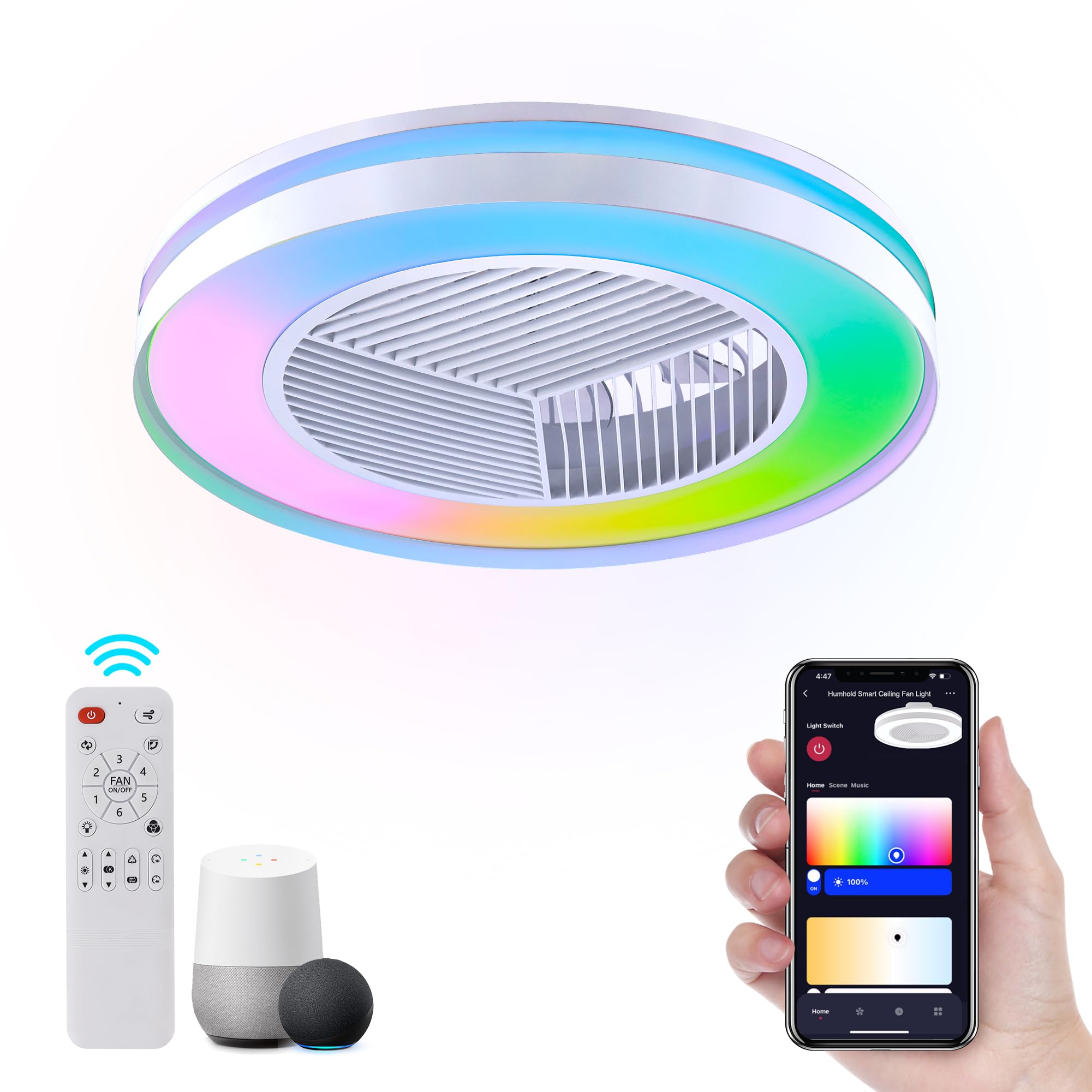 HUMHOLD Smart Low Profile Ceiling Fan with RGB Lights, 20" Bladeless Ceiling Fans with Alexa/Google Assistant/APP Control, Dimmable Color Chaning LED-RGB Ceiling Fan for Kids Bedroom Living Room White