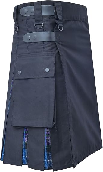 Mens Scottish Hybrid Utility Kilt - Modern Black Cotton & Acrylic Wool Tartan Kilt for Men with Leather Straps