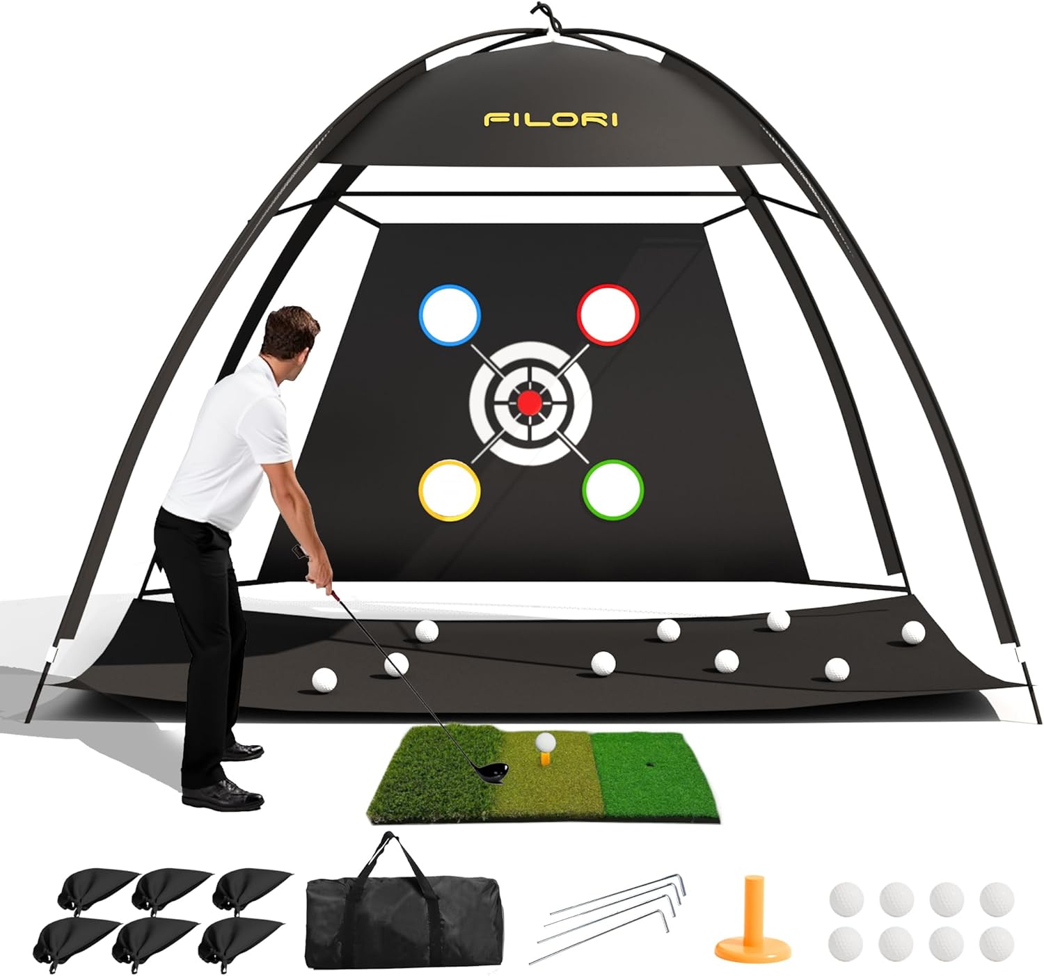 FILORI Golf Practice Net 10x7FT - Golf Hitting Net with Tri-Turf Mat, 8 Balls, Tee & Carry Bag, Indoor/Outdoor Backyard Training for Driving Chipping Swing, Ideal Gifts