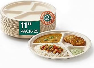 Eco Soul | Round 4 Compartment Bagasse Plates | 11 Inch - Pack of 25 | Disposable Plates Big Size | Holi Party Eco-Friendly Sugarcane Plates | Sturdy, Compostable & Heat-Safe