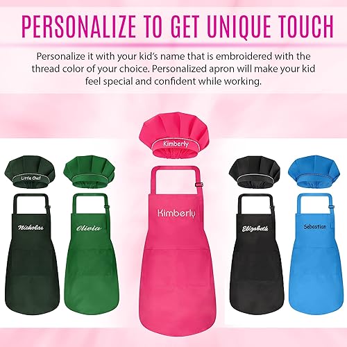 Miniatura 14 de Juego de delantal personalizado y sombrero de chef, bonito disfraz de chef para niños, delantales con bolsillos para cocinar, pintar, fiestas Negro