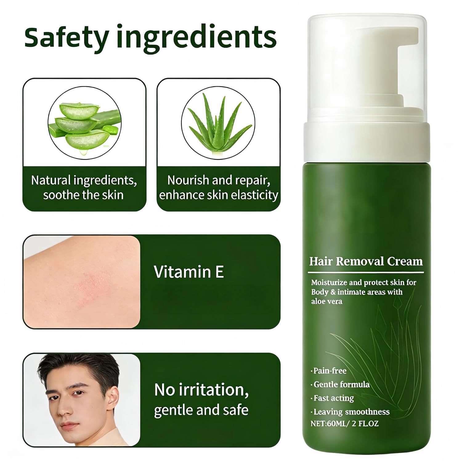 Crema depilatoria per uomo, viso e corpo (2 FL Oz *2) | Mousse depilatoria rapida, delicata e idratante, rapida e delicata, idratante, nutriente e non appiccicosa per il viso