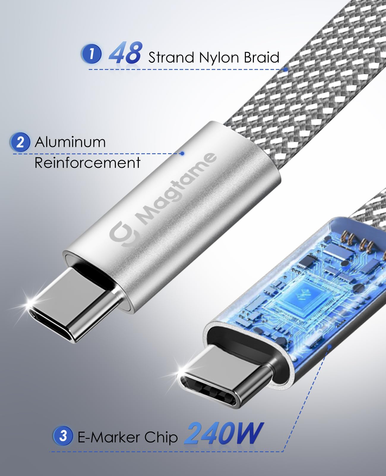 Magtame Cavo di ricarica USB C, 240 W, cavo di ricarica magnetico di tipo C, 1 m cavo da USB C a USB C, cavo di ricarica rapida tipo C, in nylon intrecciato, compatibile con Samsung Galaxy