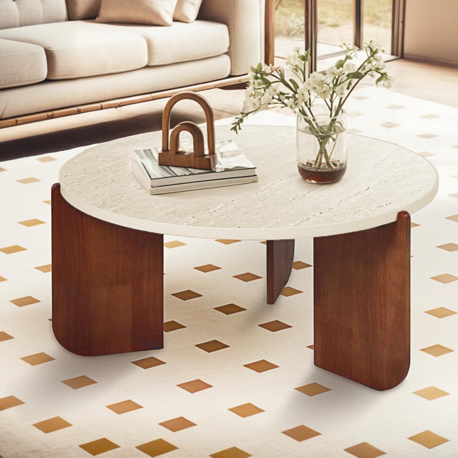 Round Travertine Texture Coffee Table 30”in Stone Coffee Table, Modern Design, Durable, Minimalist