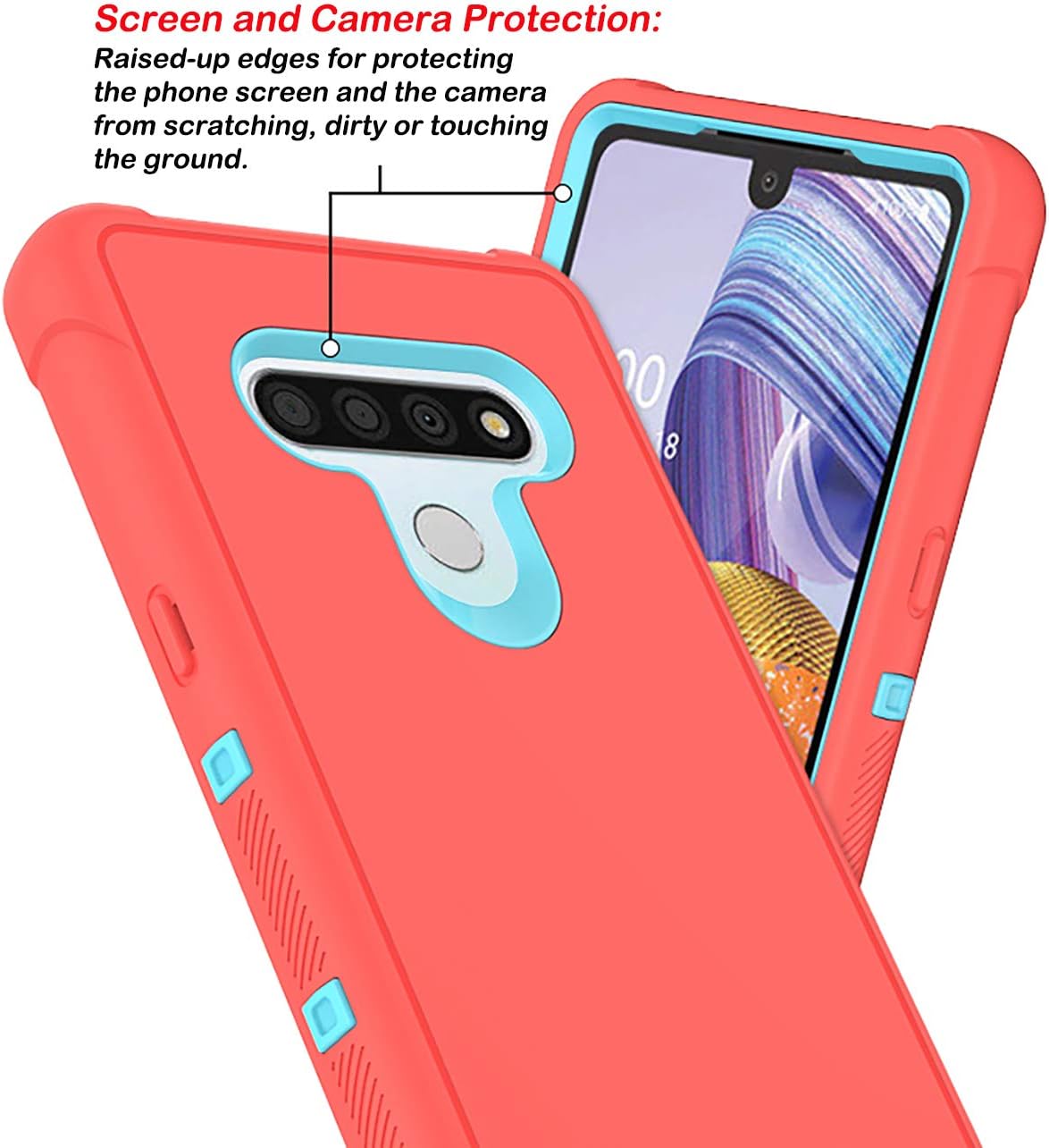 PhuLok Compatible with LG Stylo 6 Case with HD Screen Protector, Heavy Duty Armor Dual Layer Full Body Protective Shockproof Sports Anti-Scratches Non-Slip Bumper Rugged(Fluorescent Pink/Sky Blue)