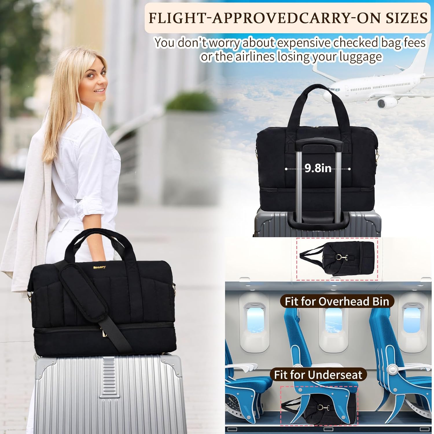 Stuery Lightweight Puffer Gym Bag for Women: Small Carry on Tote Bag for Travel with Shoe Compartment & Wet Pocket, Overnight Weekender Duffel for Airplane Traveling Girls & Teens, Black