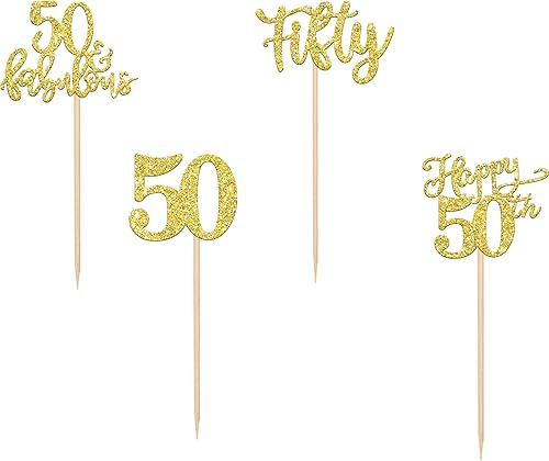 Miniatura 3 de Rsstarxi Paquete de 24 adornos para cupcakes de 50 cumpleaños con purpurina dorada, 50 fabulosas selecciones para cupcakes, decoraciones para