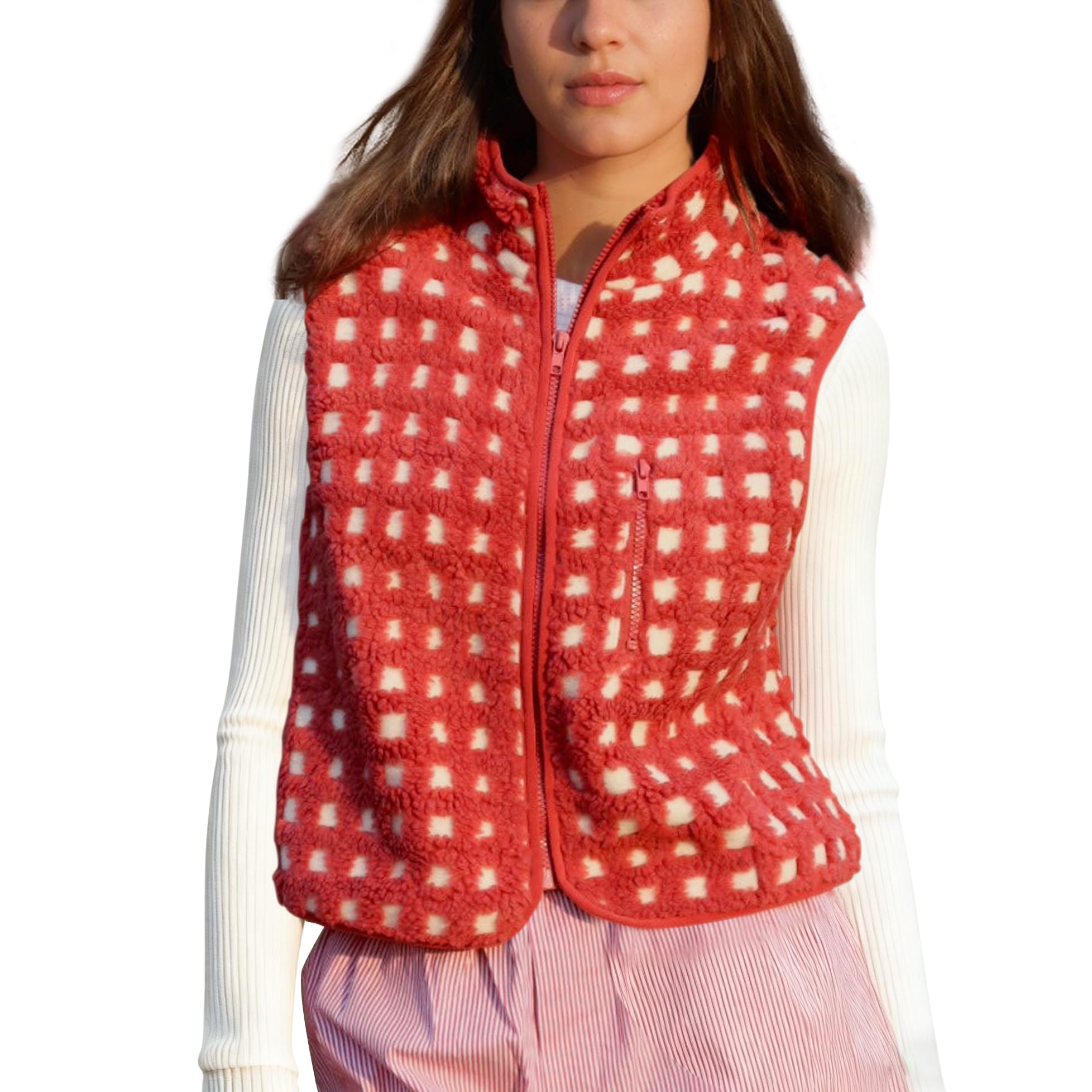 Photo 1 of SeeLuNa Womens Checkered Sherpa Vest Sleeveless Winter Fleece Jacket High Neck Zip Up Plaid Gilet with Chest Pocket(Red,S)