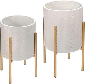 Decorative Flower Pots with Metal Stand for Home Decor - Modern Planters for Hallway, Entryway, and Living Room Decor - Indoor and Outdoor Pots for Plants - Set of 2, 23", 19", White & Gold