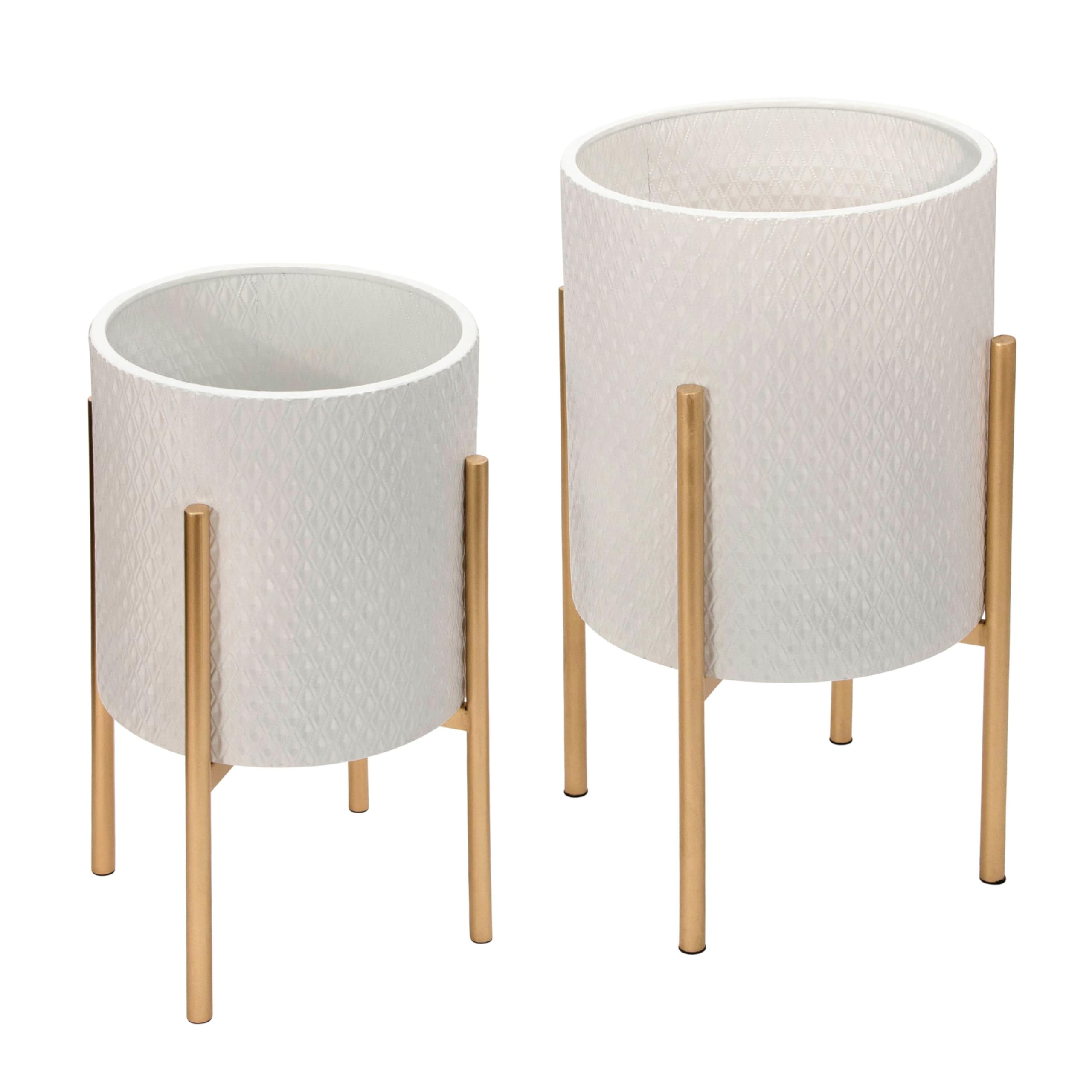 Decorative Flower Pots with Metal Stand for Home Decor - Modern Planters for Hallway, Entryway, and Living Room Decor - Indoor and Outdoor Pots for Plants - Set of 2, 23", 19", White & Gold