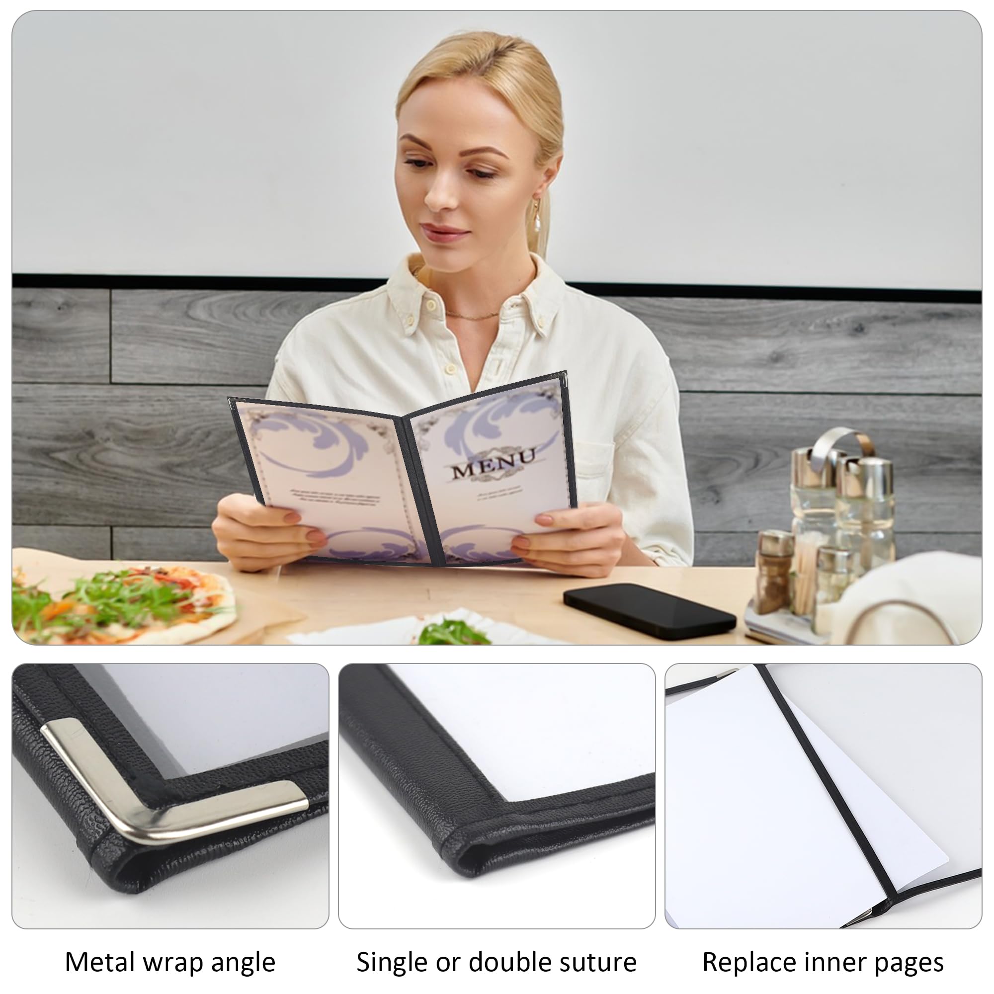 6 Stk Dreifach Faltbare A4 Menükartenhalter mit Edelstahl-Schutzecken, Speisekartenmappe Speisekarten Gastronomie a4 Hülle 3x Faltbar Doppelseitig für Restaurant, Bar, Cafe, Speisekarte