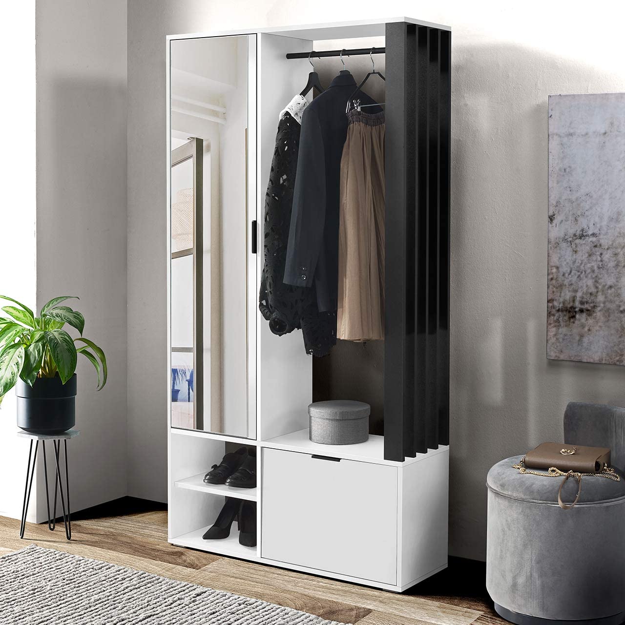 Mirjan24 Garderoben-Set Raldento mit Spiegel, Kleiderstange, Schuhschrank, Weiß/Weiß + Schwarz