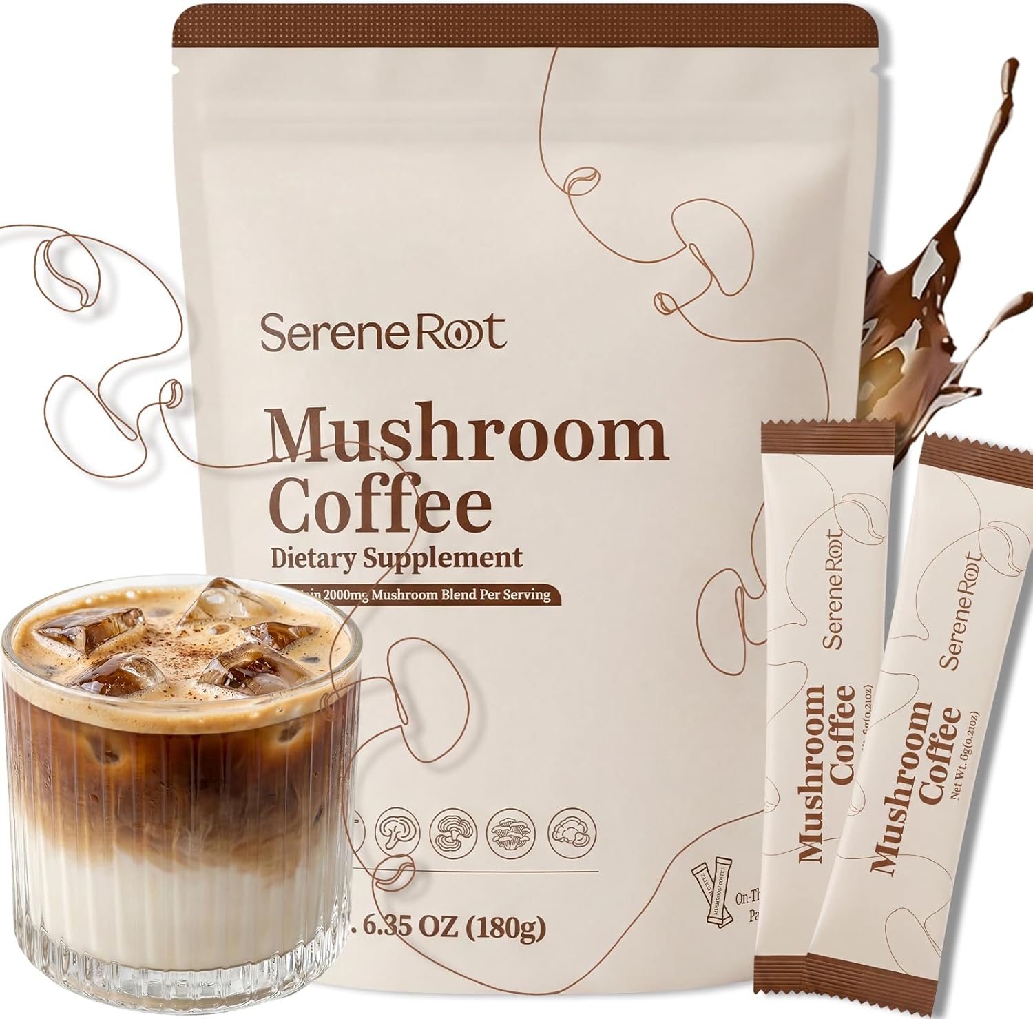 Mushroom Coffee, Instant Mushroom Coffee with 6 Adaptogenic Mushrooms and MCT Oil for Better Energy, Focus, Digestion & Immune Support,No Earthy Aftertaste, Smooth Dissolution, 30 Servings