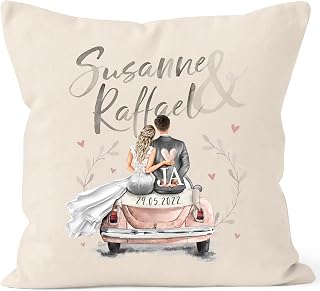 SpecialMe® personalisierbares Kissen Geschenk Hochzeit mit Namen und Datum Auto Brautpaar Hochzeitstag Jahrestag Natur Standard