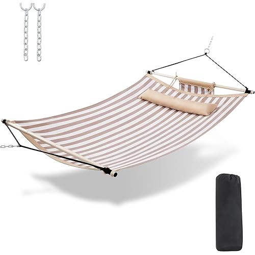 TegerDeger Anti-flip 12FT Hammock Large Hammock 450LB Capacity with Iron Spreader Bar & Nylon Rope for Outside, Patio, Garden, Backyard, Beach - Beige Strips