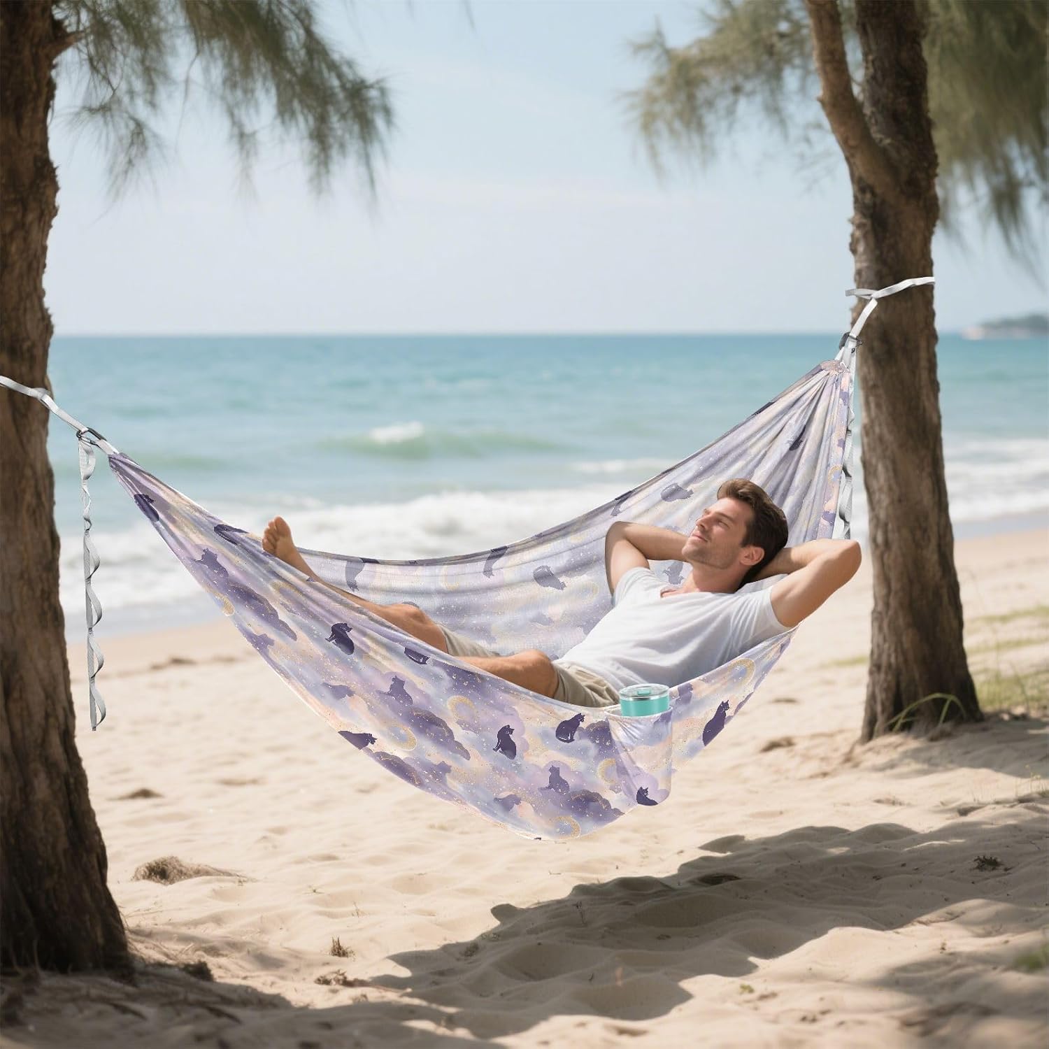 ALAZA Witchy Cat Moon Star Camping Hammocks Single or 2 Person 500 lbs Portable Parachute Travel Hammock w/Tree Straps for Hiking Backpacking Indoor Outdoor