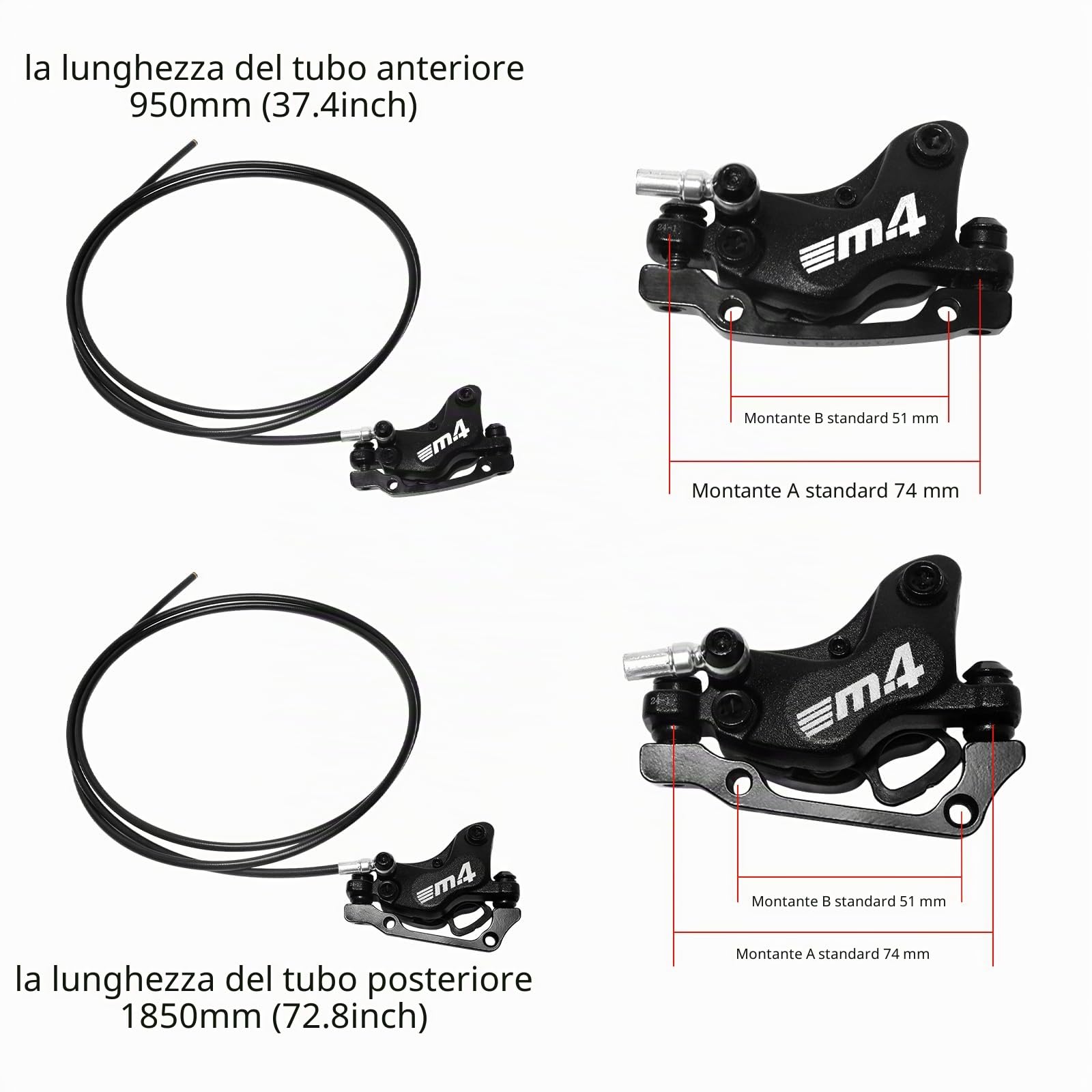 ZTZ Set di Freni Idraulici per eBike a 4 Pistoni, Freni a Disco Idraulici a 2 Pin per E-Bike, Kit di Freni Idraulici Pre-bilanciati con Adattatore di Montaggio, Ideale per eBike e Scooter Elettrici
