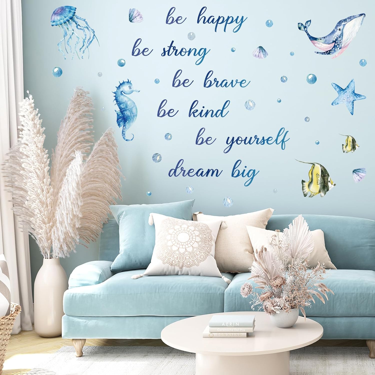 JarThenaAMCS 4 Sheet Ocean Wall Decals Under The Sea Fish Inspirational Quotes Wall Stickers Waterproof Marine Animal Room Decor for Summer Nursery Bedroom Bathroom Party Supplies