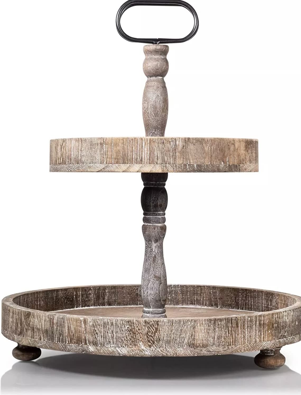 Farmhouse 2 Tiered Tray with Wood Bead Garland and Wood House Shape Sign, Wooden Tiered Tray Decor, Two Tier Tray with Garland Bead and Home Sweet Home Wooden Sign, 3 Pieces Included (White)