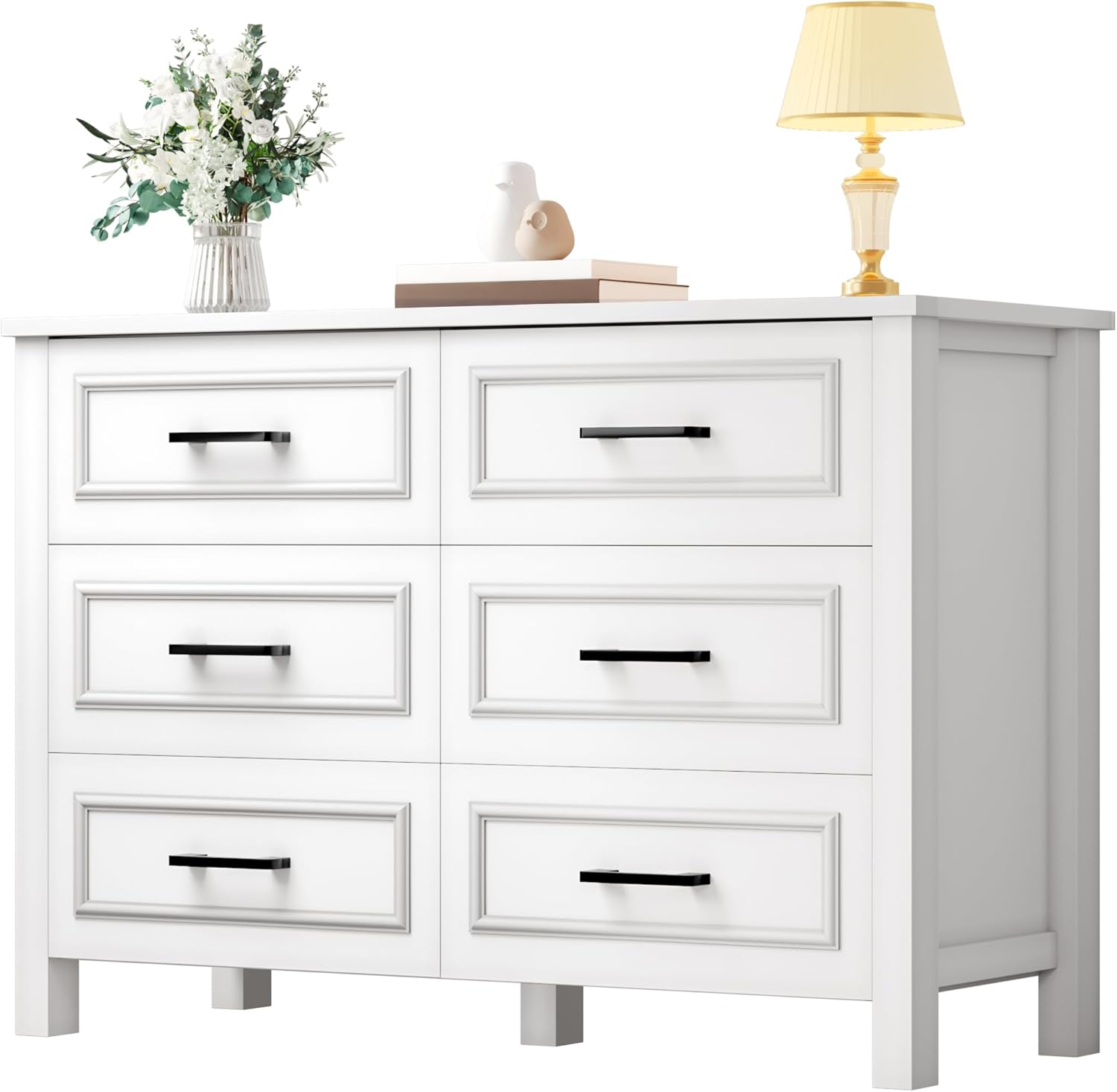 DWVO Farmhouse Wooden Dresser TV Stand with Power Outlet, 6-Drawer Dresser with Large Storage Drawers and Bar Handles, Ideal for Living Room, Hallway, 47.2" L x 15.7" W x 33.4" H - White & Walnut