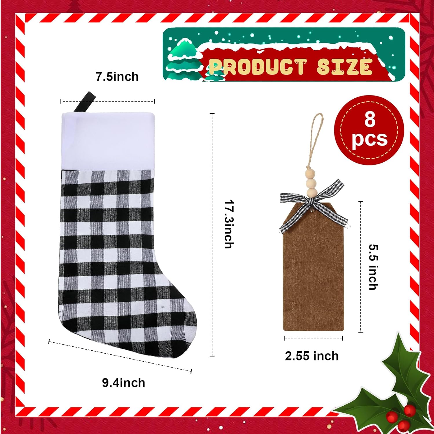Aoriher 8 Sets Large Christmas Buffalo Plaid Stockings with DIY Wood Name Tags, 18 Inch Large Stockings Xmas Hanging Decorations with Tags for Xmas Party Decor Decorations (White, Red)