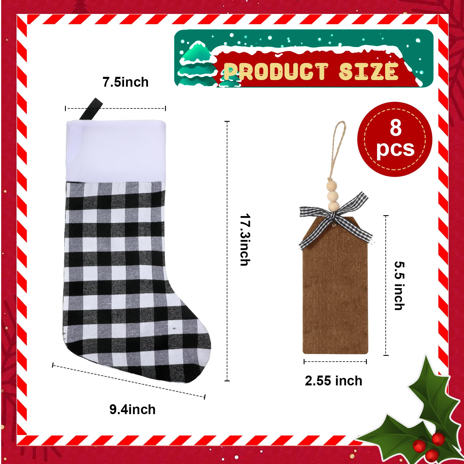 Lot de 16 grandes chaussettes de Noël avec étiquettes de nom en bois à faire soi-même - 45,7 cm - Décorations de Noël à suspendre avec étiquettes pour décoration de fête de Noël (blanc noir, rouge
