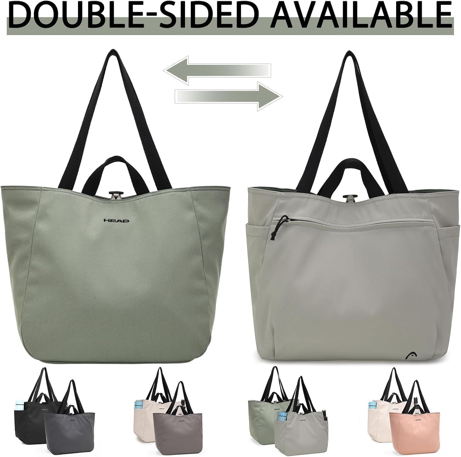 HEAD Reversible Gym Tote Bag for Women, Waterproof Large Shoulder Purse With Double Handles for Travel/Casual/Sport/Tennis
