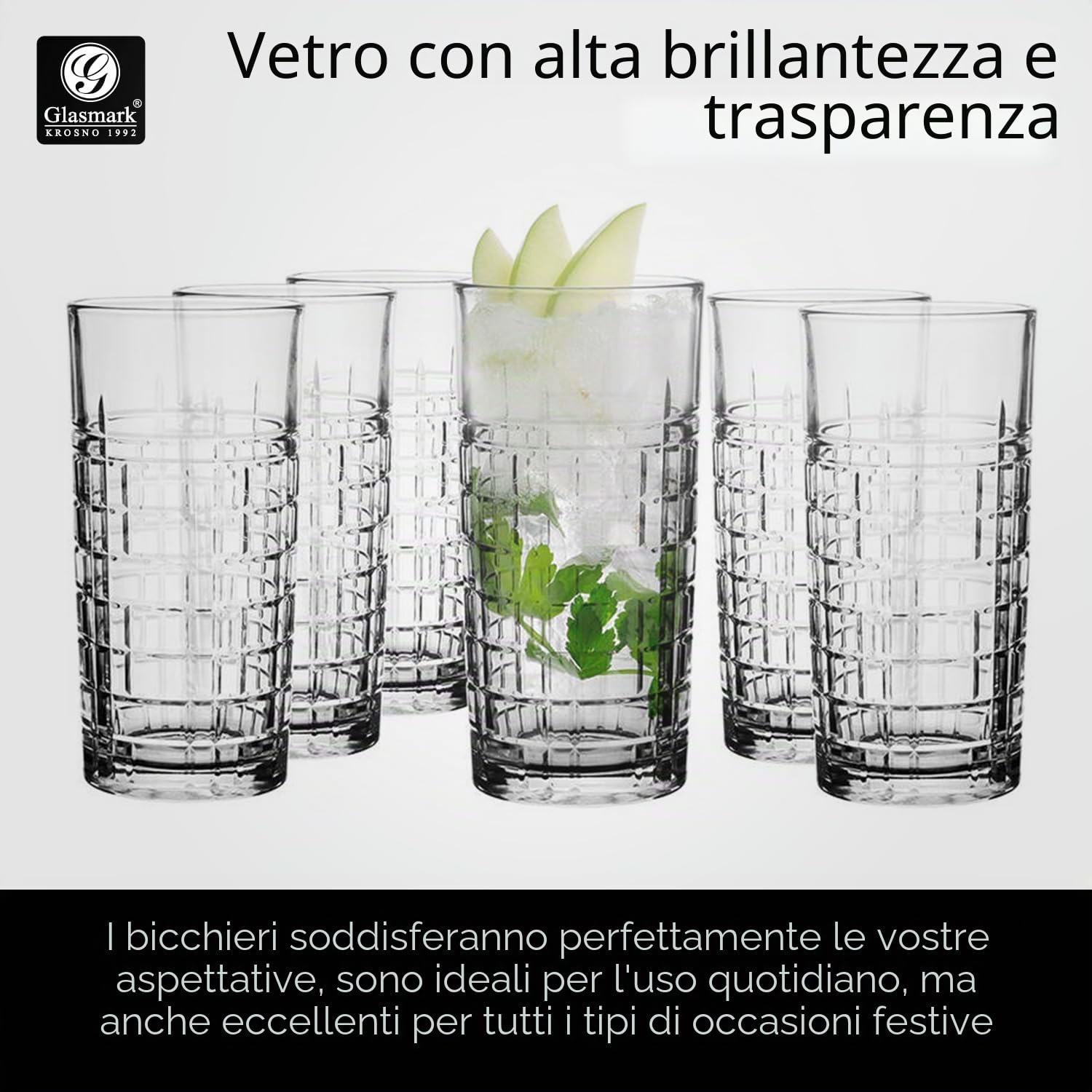Glasmark Krosno - Set di bicchieri da acqua per long drink, cocktail gin acqua, long drink, bicchieri da cocktail, bicchieri per acqua, lavabili in lavastoviglie, trasparenti, con effetto cristallo, 6