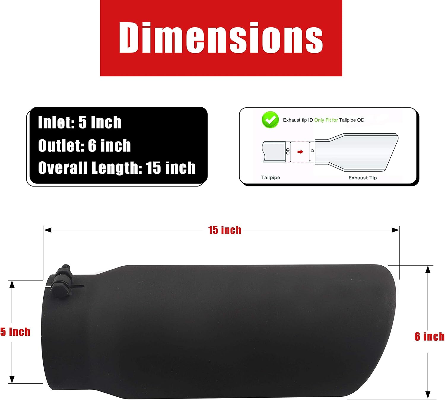 Richeer 5 Inch Inlet Black Exhaust Tip, Universal 5" Inside Diameter Diesel Exhaust Tailpipe Tip, 5 x 6 x 15 Clamp Bolt On Design with Ball End L Wrench