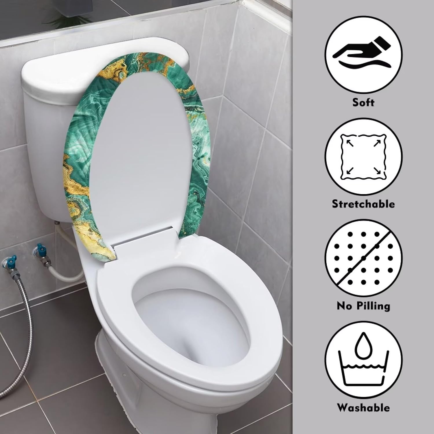Toilet Lid Cover Decorative Elastic Toilet Bowl Lid Cover Washable Elastic Edges Toilet Seat Lid Cover Fits Most Round, Elongated and Oblong Lids for Bathroom Decor, Green Golden Marble image 3