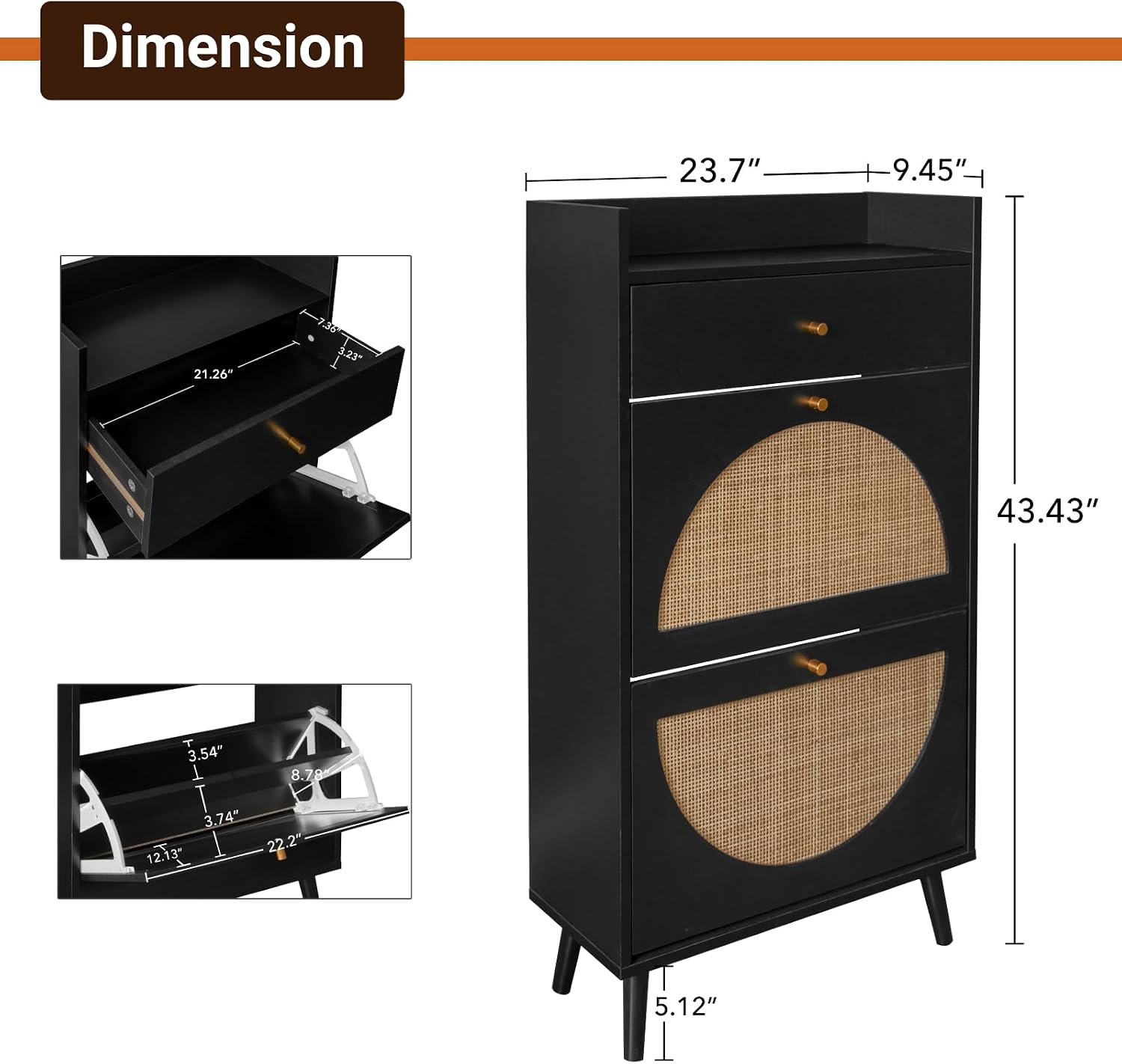 Rattan Shoe Cabinet with 2 Flip Drawer Slim Narrow Shoe Rack Cabinet with Storage Drawer Fence On Top Hidden Entryway Organizer Freestanding Modern Mid-Century Style (Black)