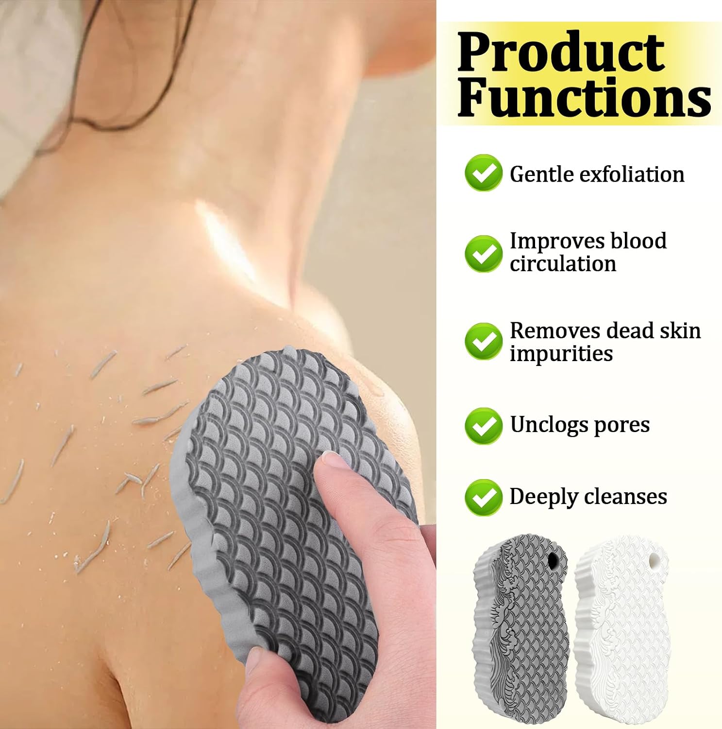 2Pcs Magic Exfoliating Bath Sponge, 3D Ultra Soft Deep Cleansing Body Sponge with Lanyard, Gently and Painlessly Removes Dead Skin & Impurities, Skin Friendly Reusable Sponges (White + Gray) image 4