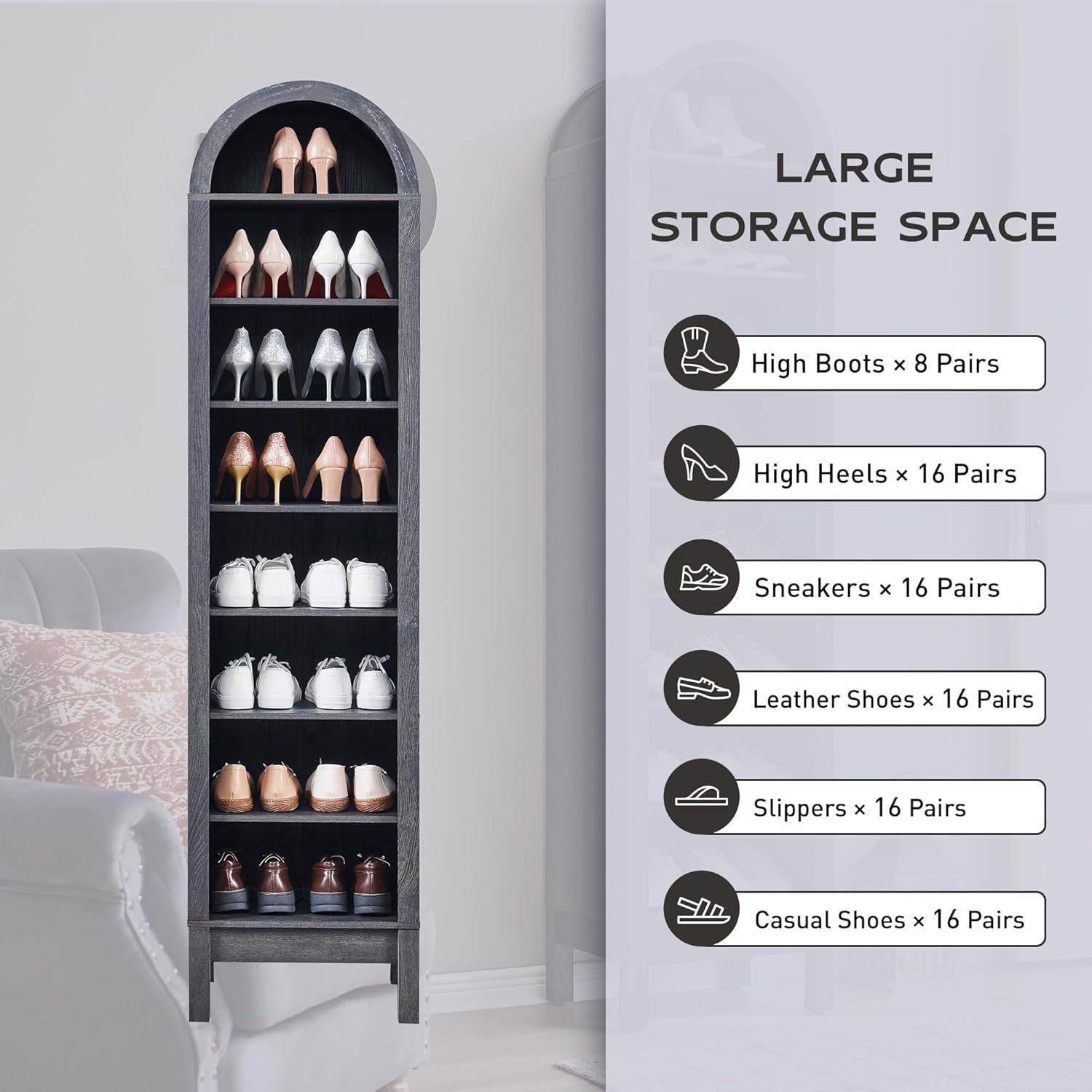 71" Tall Arched Bookshelf, 8 Tiers Arch Bookcase with Storage, Modern Farmhouse Book Shelf with Adjustable Shelves, Wood Bookshelf w/Open Display Shelves for Living Room, Office (Dark Grey) - Image 4