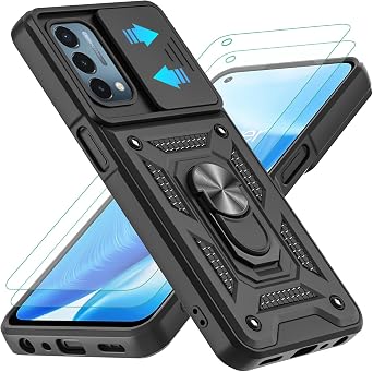 YKHJKLEC for OnePlus Nord N200 5G Case with 2Pcs HD Screen Protector, Heavy Duty Shockproof with 360 Rotation Metal Kickstand [Military Grade] Protective Case for OnePlus Nord N200 5G Black
