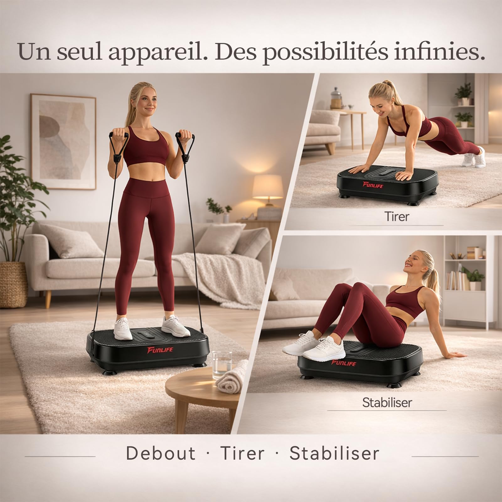 Funlife Plaque vibrante 120 kg, 180 niveaux, 5 programmes et manuel, Bluetooth et haut-parleur, plaque de fitness avec cordes d'entraînement pour l'entraînement de tout le corps