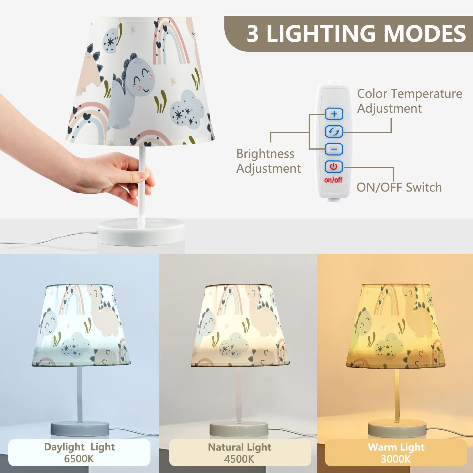 Mnsruu Lámpara de mesita de noche con diseño de dinosaurio infantil, 1 lámpara de mesa, bombillas LED, lámpara de escritorio, pantallas de tela para dormitorio, sala de estar, tamaño mediano