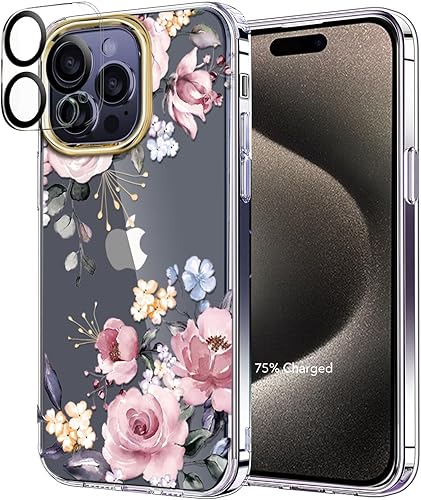 Miniatura 9 de luolnh Funda compatible con iPhone 15 Pro, para mujeres y niñas, a prueba de golpes, transparente, patrón floral, cubierta trasera dura para iPhone