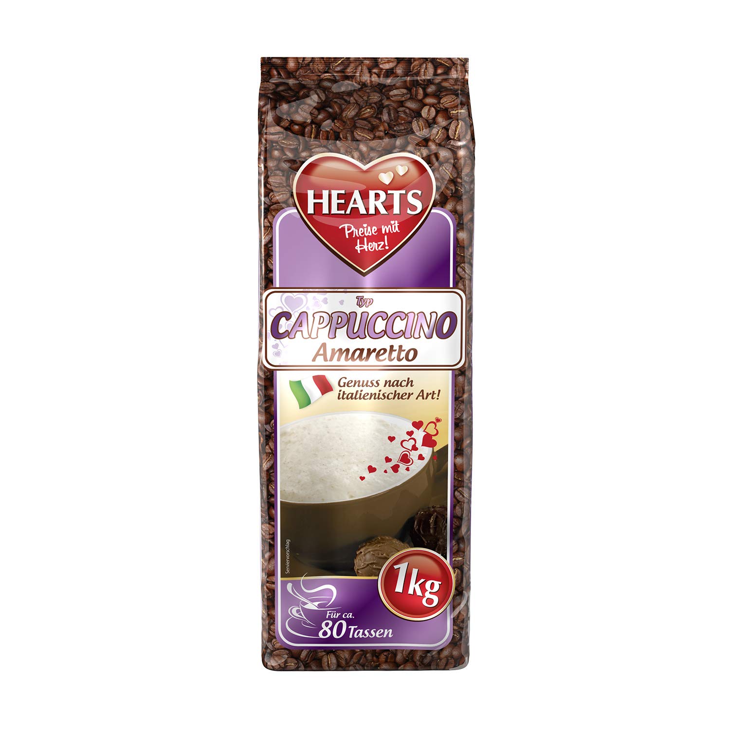 HEARTS Cappuccino Amaretto 10 x 1 kg - Genuss nach italienischer Art, ca. 80 Portionen pro Beutel, Instantkaffee Amaretto, praktische Vorratspackung Amarettokaffee