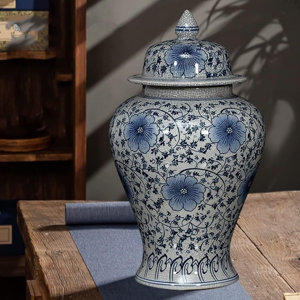 Food Storage Jar,Decorative Jar Ginger Jar Vase Decor Chinese Traditional Ceramic Ginger Jar with Lid Decorative Blue and White Porcelain Jars Temple Jar Ginger Jars Storag,A-25 * 45Cm