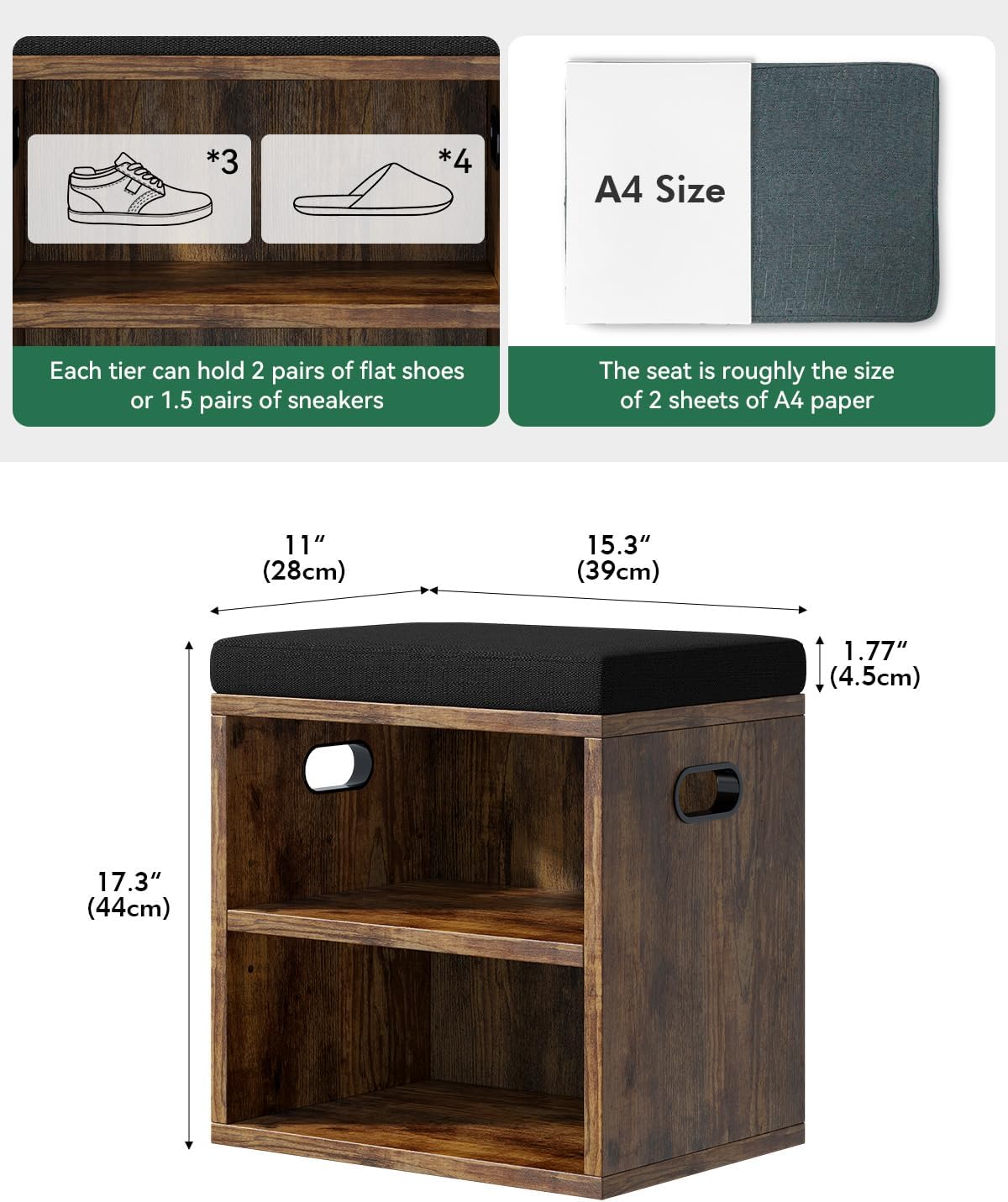 Small Shoe Storage Bench Rustic Brown US-FHXD01H | with Padded Seat Cushion,Adjustable Middle Shelf,cut-out handle