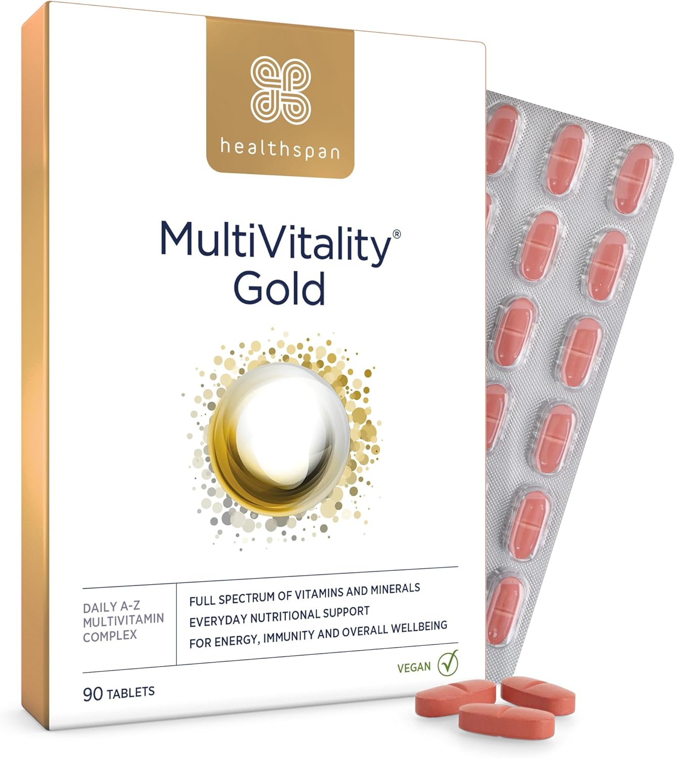 Healthspan Multivitamin Gold | A-Z Formulation | Wellbeing & Immune Support | Algal Source Vitamin D3 | Vitamins A, B, C, D, E & K | Calcium, Iron, Magnesium, Selenium & Zinc | Vegan (90 Tablets)